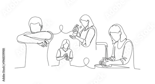 Avoiding Germ Spread. Minimalistic one-line drawing people covering coughs, using sanitizer, and washing hands, continuous single black line on white