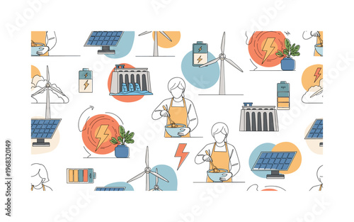 alternative energy seamless pattern, repeating pattern, surface design, textile print, modern illustration of solar panels, wind turbines, hydroelectric dams,