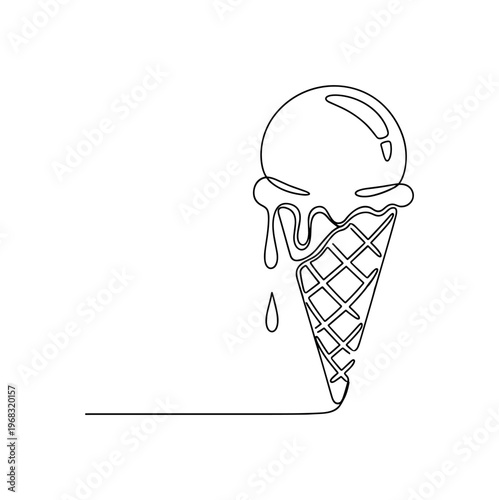 Melting Ice Cream. Minimalistic one-line drawing ice cream scoop on cone starting to drip, continuous single black line on white background, simple outline