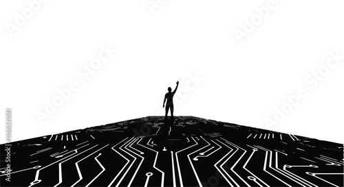 man standing on circuit board hill with arm raised