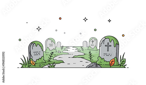 Foggy graveyard overgrown path scene where weeds and moss cover gravestones while small sparkle and leaf icons emphasize age, decay, and atmospheric mystery.