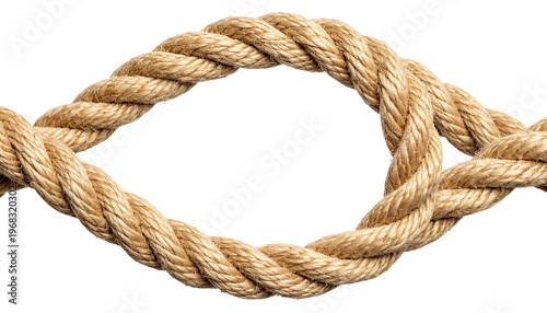 Close-up shot of a thick, twisted rope forming an oval-shaped knot, featuring detailed texture against a pure white backdrop