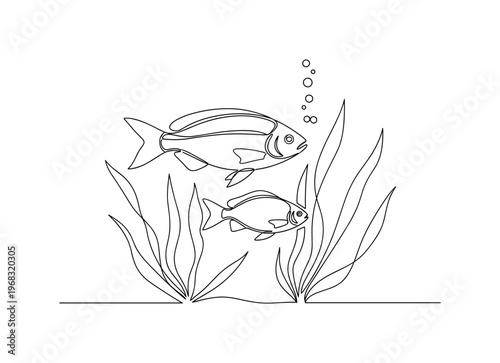Aquatic Friends. Minimalistic one-line drawing pair of fish swimming together among underwater plants, continuous single black line on white background, simple
