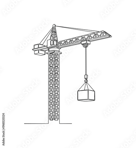 Construction Hoist. Minimalistic one-line drawing crane with pulley system and suspended materials, continuous single black line on white background, simple