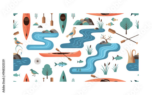 paddling icons seamless pattern, repeating pattern, surface design, textile print, modern illustration of kayaks, canoes, paddles, rivers, lakes, birds, fish,