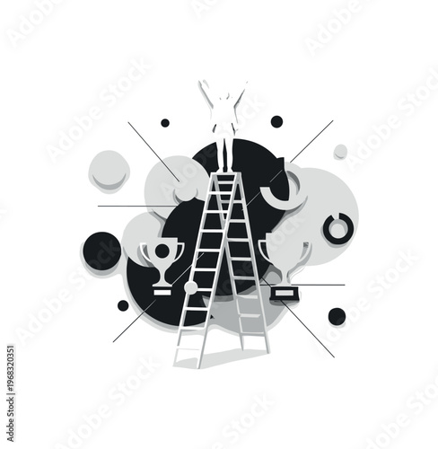 workplace success circular shapes thin lines and abstract trophy icons realistic monochrome individual celebrating achievement at top of corporate ladder with