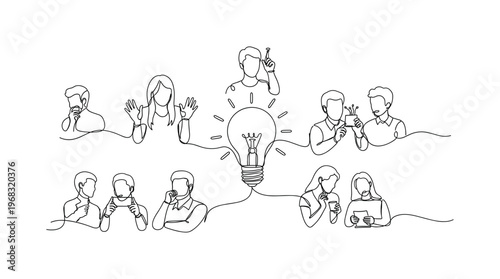 Group Creativity. Minimalistic one-line drawing multiple people drawing ideas connecting to single lightbulb, continuous single black line on white background,