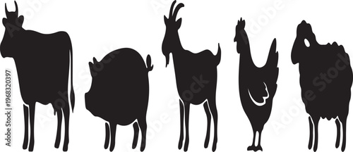 Black silhouettes of farm animals on white background