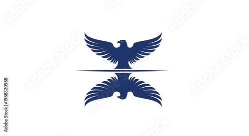 A symmetrical blue eagle logo featuring a majestic bird with outspread wings reflected across a horizontal axis. This clean, minimalist silhouette conveys power, freedom, and balance. Ideal for logo.