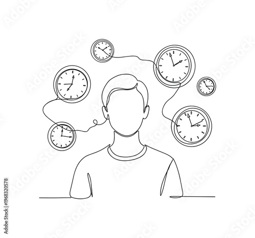 Time Conceptualization. Minimalistic one-line drawing person with abstract floating clocks around, continuous single black line on white background, simple