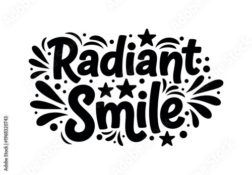 Radiant Smile. lettering and all elements in black. Vector style. AWhite background. Pure white background. Perfect isolation and visual consistency. Funky