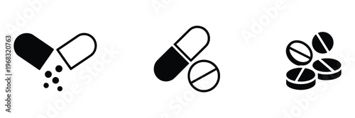 Pill icon set, medicament and pharmaceutical symbol, hand drawn vector illustration in black and white, minimalist design for healthcare