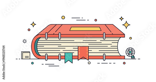 Hardcover book bookbinding detail scene where a close-up shows stitched pages and a textured cover while small sparkle and line icons emphasize craftsmanship,