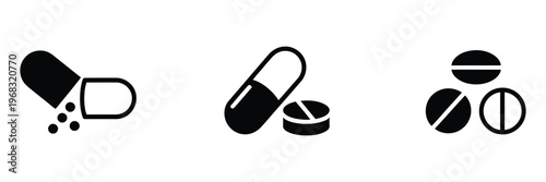 Pill icon set, medicament and pharmaceutical symbol, simple black and white vector sketches of capsules and tablets