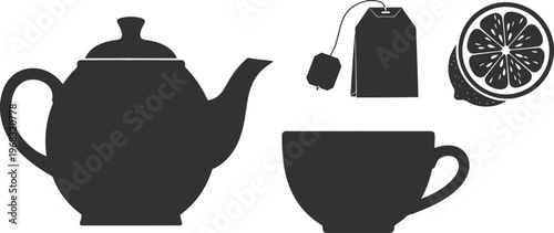 A black silhouette collection featuring a tea pot, a tea cup, a tea bag and a slice of fresh lemon