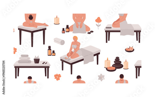 therapeutic massage and stress relief services seamless pattern, repeating pattern, surface design, textile print, modern illustration of massage tables,