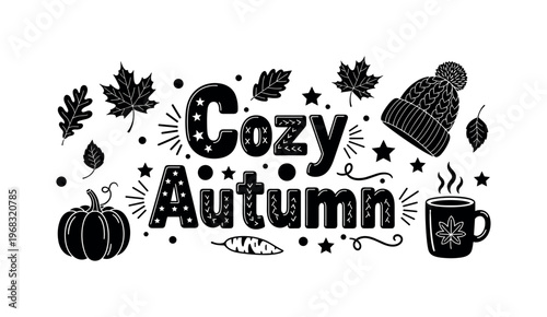 Cozy Autumn. lettering and all elements in black. Vector style. AWhite background. Pure white background. Perfect isolation and visual consistency. Funky