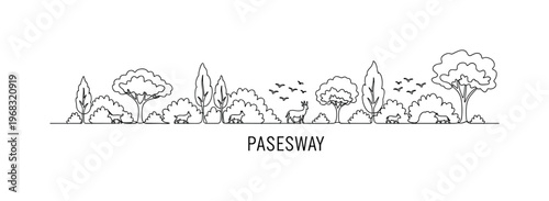 Green Passageway. Minimalistic one-line drawing trees and bushes forming wildlife corridor with small animals moving, continuous single black line on white