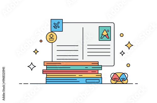 Collection of postcards travel inspiration scene where postcards are spread on a desk surrounded by a map and souvenirs while small sparkle and line icons