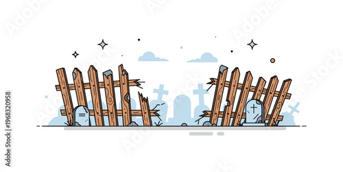 Foggy graveyard broken fence scene where an old wooden fence borders gravestones while tiny sparkle and star icons highlight decay, weathering, and misty mood.