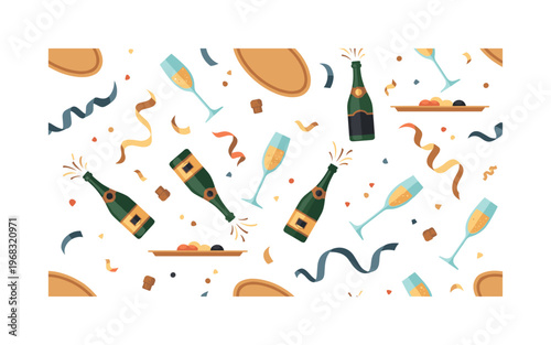 champagne patterns seamless pattern, repeating pattern, surface design, textile print, modern illustration of sparkling glasses, bottles, corks, confetti,