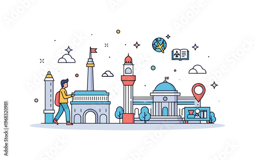 Travel cultural city exploration scene where a person visits historic landmarks while tiny sparkle and star icons highlight sightseeing, learning, and travel