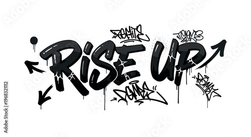 Rise Up. lettering and all elements in black. Vector style. AWhite background. Pure white background. Perfect isolation and visual consistency. Dynamic