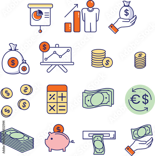 Various icons representing money management concepts are shown