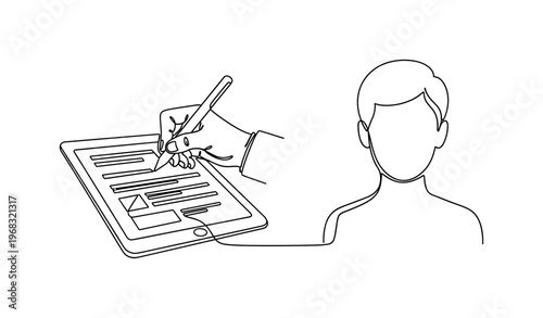 Membership Sign-Up. Minimalistic one-line drawing individual signing digital agreement for subscription, continuous single black line on white background,