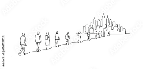 Population Relocation. Minimalistic one-line drawing people heading toward urban area with tall buildings, continuous single black line on white background,