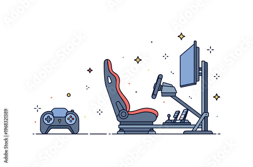 Gaming room setups racing simulator corner concept where a seat, steering wheel, and pedals are arranged while tiny sparkle and star icons highlight realism,