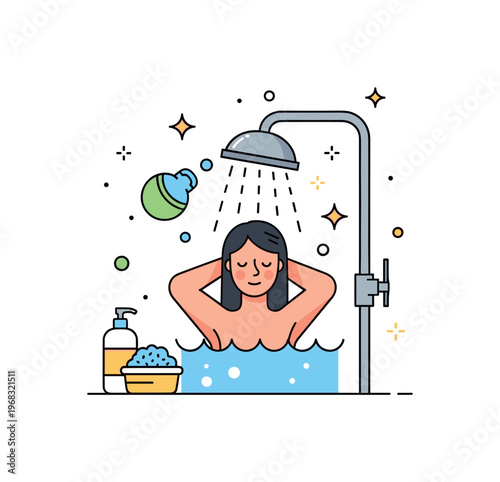 Taking a shower relaxing routine concept where a person stands under warm water with steam rising while tiny sparkle and star icons highlight wellness,
