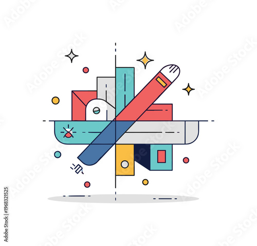 Fragmented perspectives cubist-inspired abstract scene where geometric shapes intersect and overlap while small sparkle and star icons emphasize fragmented