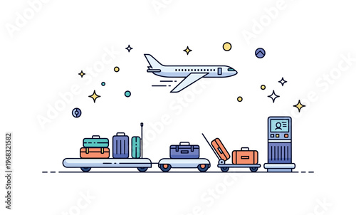 Air travel technology baggage scanning technology concept where X-ray machines and sensors examine luggage while small sparkle and line icons emphasize