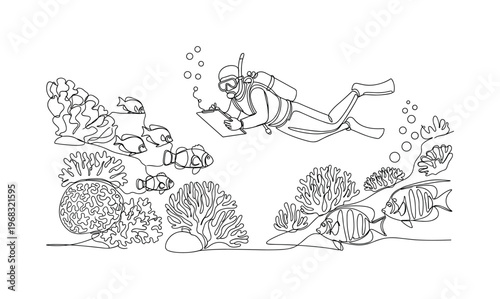 Coral Reef Survey. Minimalistic one-line drawing diver documenting coral and fish species, continuous single black line on white background, simple outline