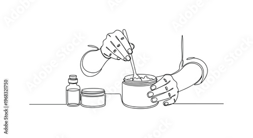 Natural Lotion Making. Minimalistic one-line drawing individual stirring ingredients in small container for skincare, continuous single black line on white