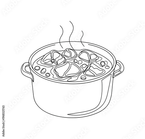 Cooking Braise. Minimalistic one-line drawing braised meat simmering in liquid in pot, continuous single black line on white background, simple outline style,