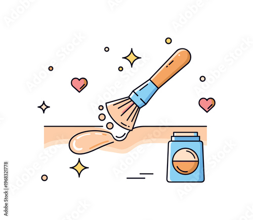 Foundation cosmetic blending concept where a brush blends foundation on skin while tiny sparkle and heart icons highlight smooth coverage, beauty routine, and