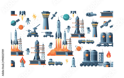 spaceport seamless pattern, repeating pattern, surface design, textile print, modern illustration of rockets, launch pads, astronauts, control