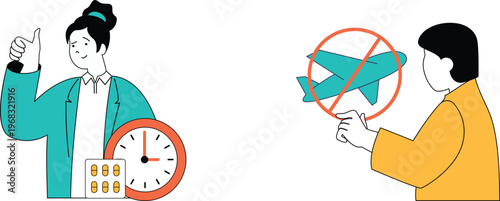 Two individuals discussing travel plans while one person emphasizes no flying due to time constraints shown by clock and calendar