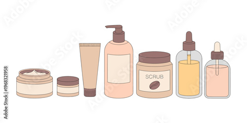 Vector illustration of cosmetic set featuring flat design beauty collection with isolated objects such as skincare bottles, jars, and makeup items, crafted in a clean modern style 