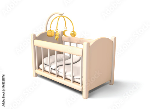 Crib with Mobile and Bedding 3d render. baby cradle isolated 3D vector icon illustration.