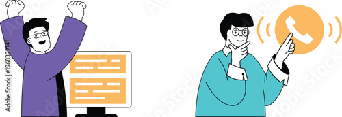 Two people celebrating successful communication through different modern methods like computer and smartphone calls