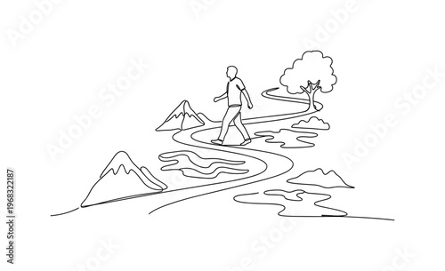 Journey of Life. Minimalistic one-line drawing person moving on winding path through symbolic terrain, continuous single black line on white background, simple