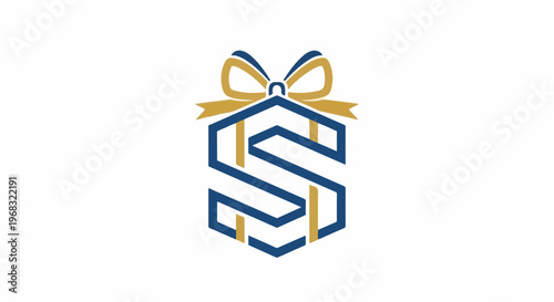 Geometric gift box with blue outline and golden ribbon