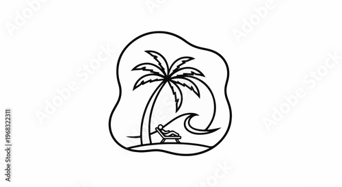 Person relaxing on beach chair under palm tree, ocean wave