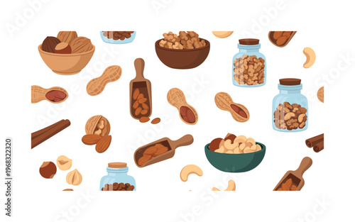 walnut mix motifs seamless pattern, repeating pattern, surface design, textile print, modern illustration of roasted nuts, bowls, scoops, spice jars, cinnamon