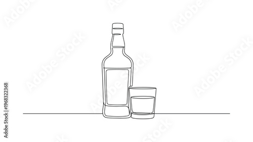 Liquor and Glasses. Minimalistic one-line drawing bottle of alcohol with glass beside it, continuous single black line on white background, simple outline