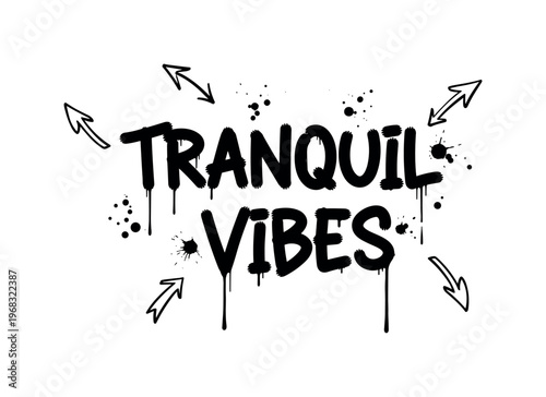 Tranquil Vibes. lettering and all elements in black. Vector style. AWhite background. Pure white background. Perfect isolation and visual consistency. Dynamic