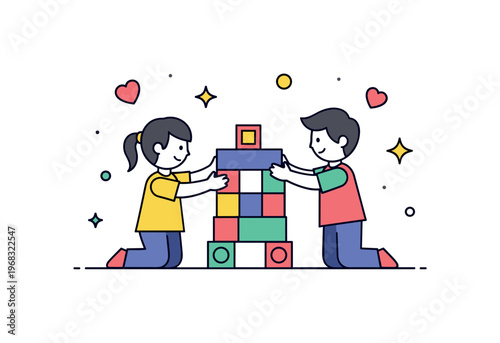 Learning with blocks cooperative tower construction scene where two children carefully stack blocks together while tiny sparkle and heart icons highlight